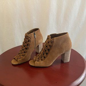 MICHAEL Michael Kors Suede Open Toe Side Zip Bootie Color: Cognac 9.5M